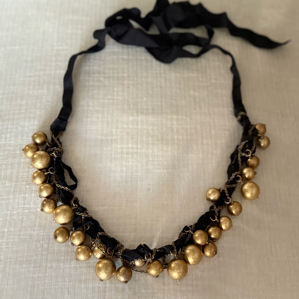 J.Crew Elegant Gold Beaded Necklace with Black Ribbon